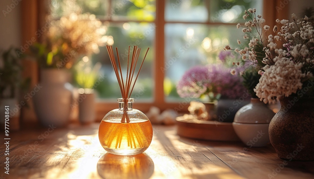 Fototapeta premium Reed Diffuser with a Zen Design in a Meditative Space with Soft Lighting and Tranquil Elements, reed diffuser in a serene, aroma reed diffuser