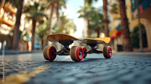 A yellow skateboard sits on a cobblestone street in front of palm trees.