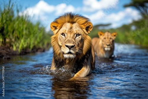 Kenya lion pride crossing a shallow river, moving gracefully through the water in search of prey photo