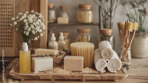 A wooden shelf with a variety of eco friendly bathroom products