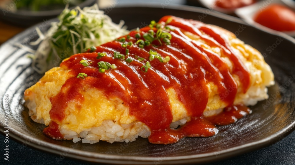 A high-resolution photo of a generous serving of omurice with a rich tomato sauce drizzled on top, highlighting the dish's vibrant colors and appetizing presentation. A high-resolution photo of a generous serving of omurice with a rich tomato sauce drizzled on top, highlighting the dish's vibrant colors and appetizing presentation.