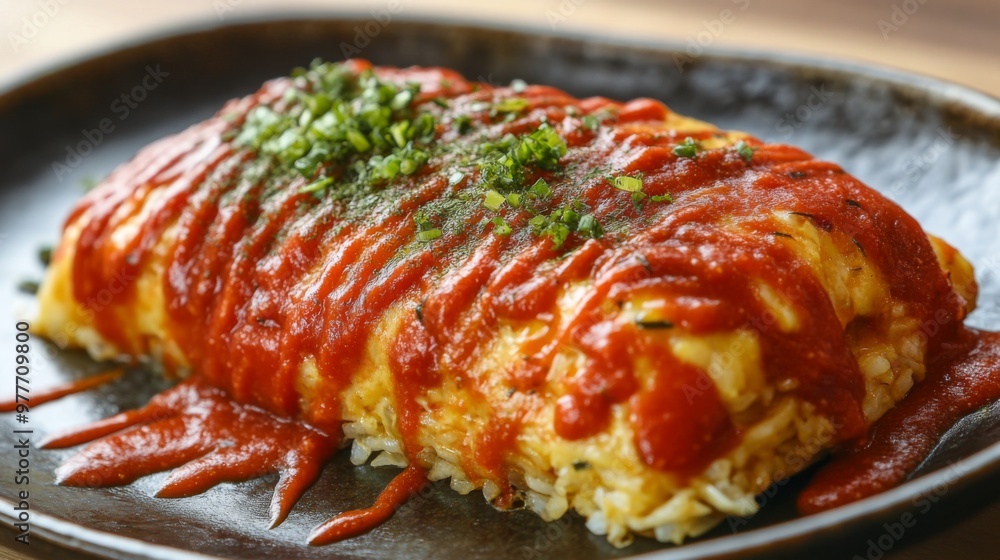A high-resolution photo of a generous serving of omurice with a rich tomato sauce drizzled on top, highlighting the dish's vibrant colors and appetizing presentation. A high-resolution photo of a generous serving of omurice with a rich tomato sauce drizzled on top, highlighting the dish's vibrant colors and appetizing presentation.