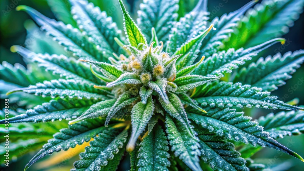 Close-up of vibrant green cannabis leaves with crystal trichomes Close-up of vibrant green cannabis leaves with crystal trichomes