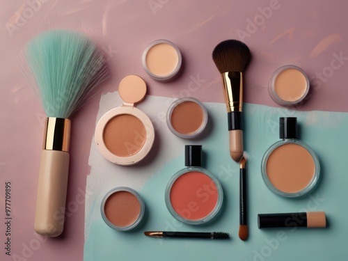 Beautiful pastel flatlay featuring elegant makeup brushes and beauty products