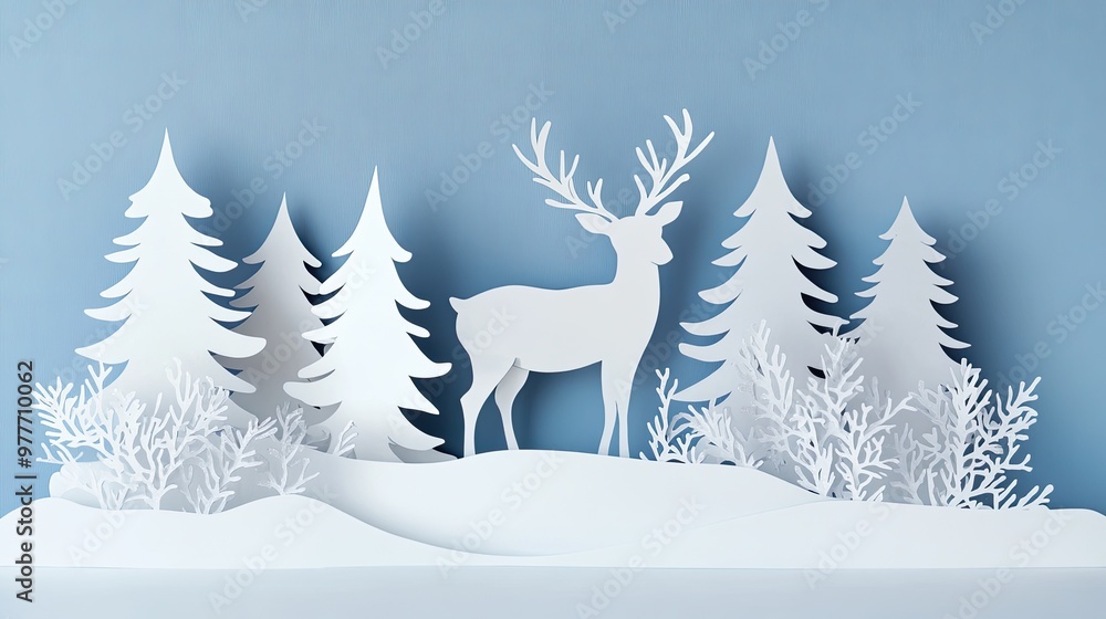 A Christmas paper cutout scene with reindeer, snow, and evergreen trees, set against a clean background with ample copy space for seasonal messages. A Christmas paper cutout scene with reindeer, snow, and evergreen trees, set against a clean background with ample copy space for seasonal messages.