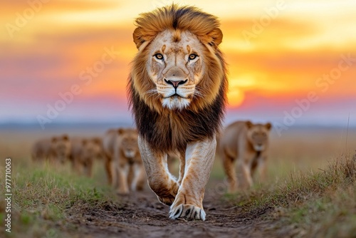 Kenya lion walking alongside its pride at dusk, the sky lit with soft hues of pink and orange