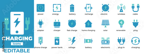 Power up your designs with these editable charging icons. From outlets to batteries, find the perfect visuals for your tech projects, websites, or app interfaces.