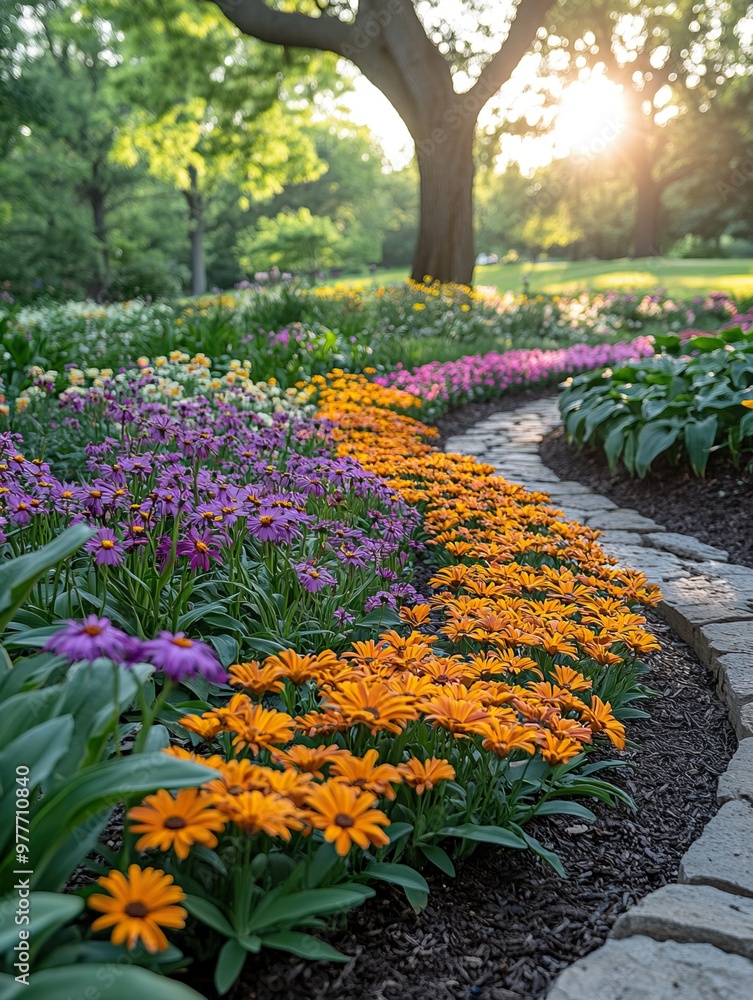 Fototapeta premium A vibrant garden path lined with colorful flowers in a well-kept landscape.