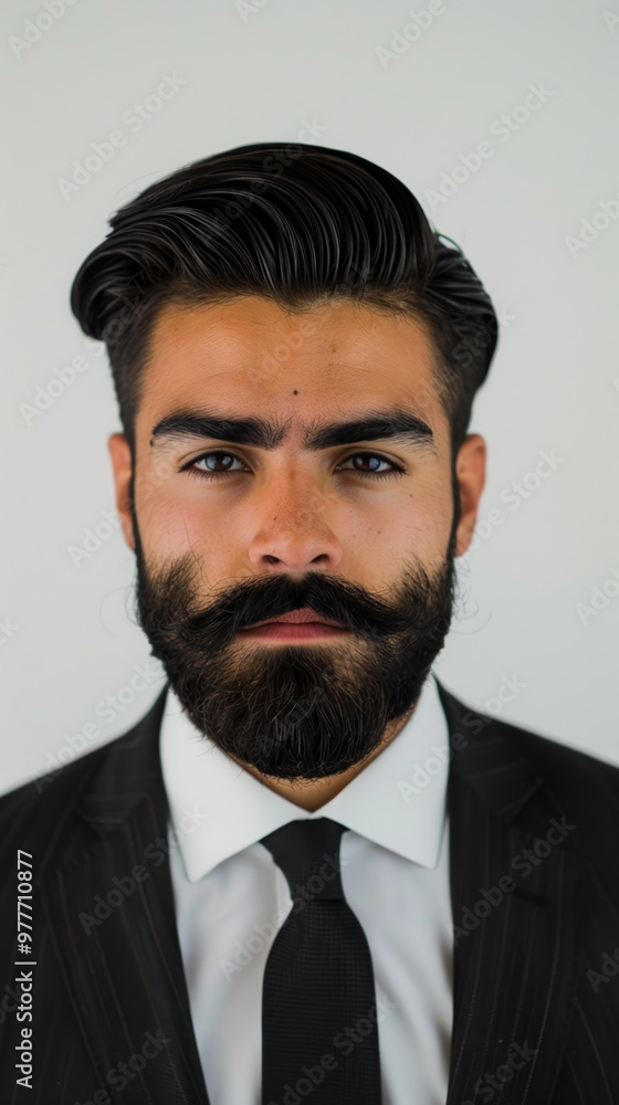 A man with a beard and a mustache is wearing a suit and a white shirt A man with a beard and a mustache is wearing a suit and a white shirt