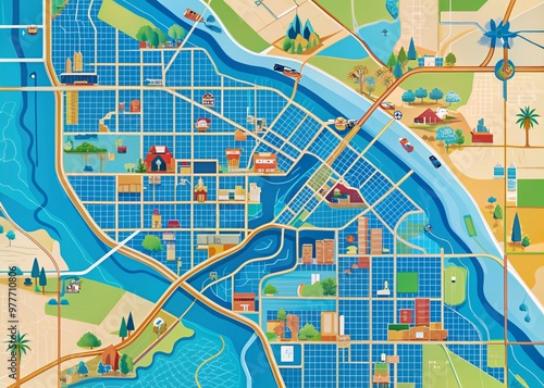 Vibrant colorful map of Yuma, Arizona, highlighting major roads, landmarks, and waterways, set against a bright blue