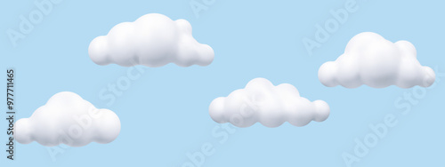3D white cloud set, in the blue sky. Cartoon cute clouds in bubble shape. Plasticine 3d weather icons, render style. Trendy fluffy clouds. Vector illustration.
