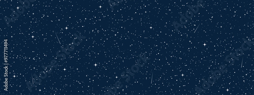 Space stars background, Cartoon starry illustration. Universe starry pattern with glowing stars and comets. Night sky constellations galaxy. Vector graphic.