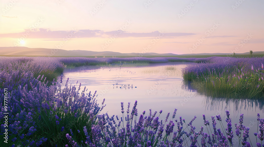 Obraz premium Lavender Field with River