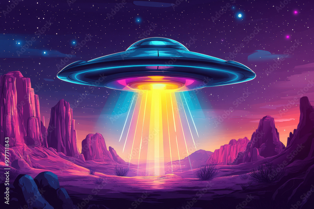 Ufo is hovering in a night sky, emitting a beam of light illuminating a ...
