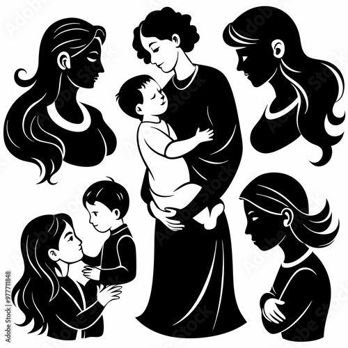 mother and baby silhouette.mother and baby vectorWoman hold her baby with air balloons.mother and baby stylized vector symbol, mom hugs her child logo template.A mother and child hugging silhouette 