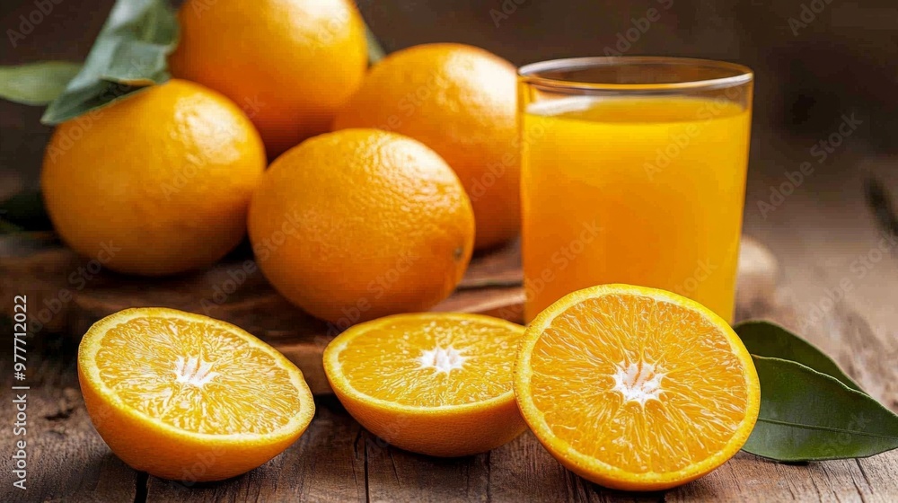 A high-resolution photo of whole oranges and a glass of on a wooden table, with fresh oranges sliced and arranged to emphasize the natural freshness of the juice. A high-resolution photo of whole oranges and a glass of on a wooden table, with fresh oranges sliced and arranged to emphasize the natural freshness of the juice.