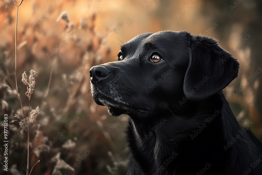 Black Labrador Retriever dog looking into the distance in a field at sunset Black Labrador Retriever dog looking into the distance in a field at sunset