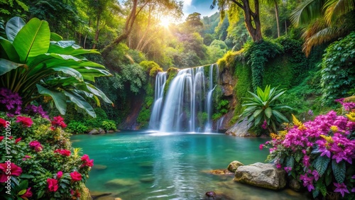 Vibrant colors depict a serene paradise with lush greenery, vibrant flowers, and a shimmering waterfall, evoking a