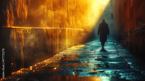 Person walking down a wet sidewalk in the rain