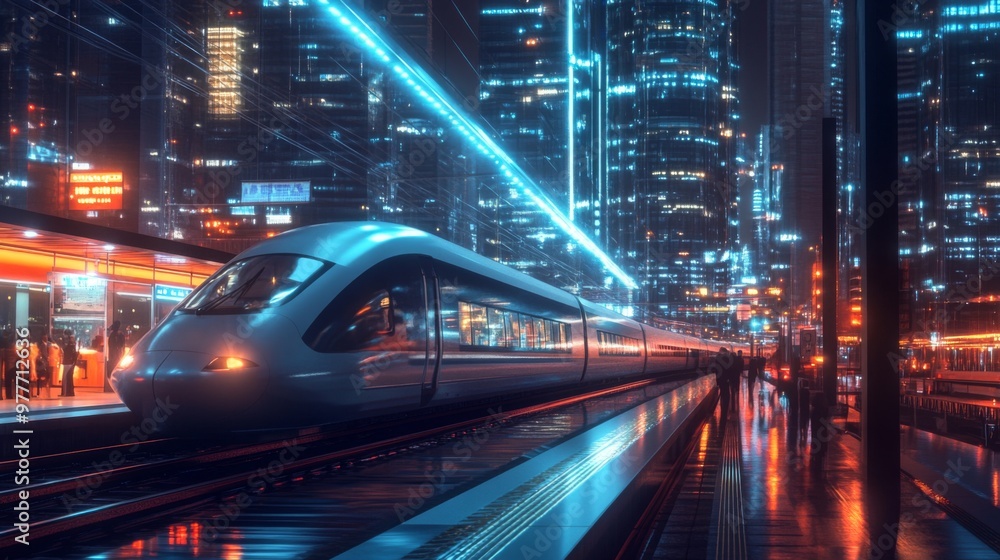 Fototapeta premium A high-speed train arriving at a busy urban station, with commuters boarding and city lights reflecting off the train's windows.