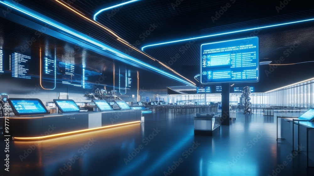 Obraz premium Futuristic Interior Design with Blue Neon Lights and Digital Displays.