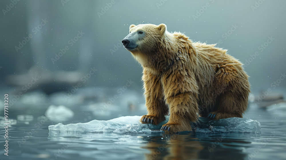 Fototapeta premium A polar bear on a melting ice floe, symbolizing the effects of global warming