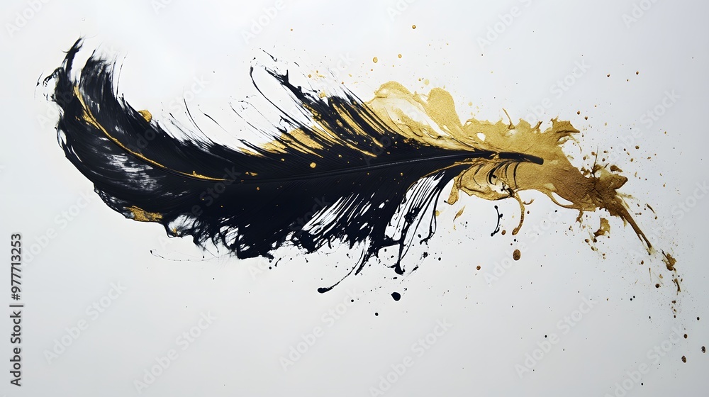 Feather Ink Dip: A feather suspended in mid-air, dipped in gold and black ink, with the ink dripping and mixing in the air.
Feather Ink Dip: A feather suspended in mid-air, dipped in gold and black ink, with the ink dripping and mixing in the air.