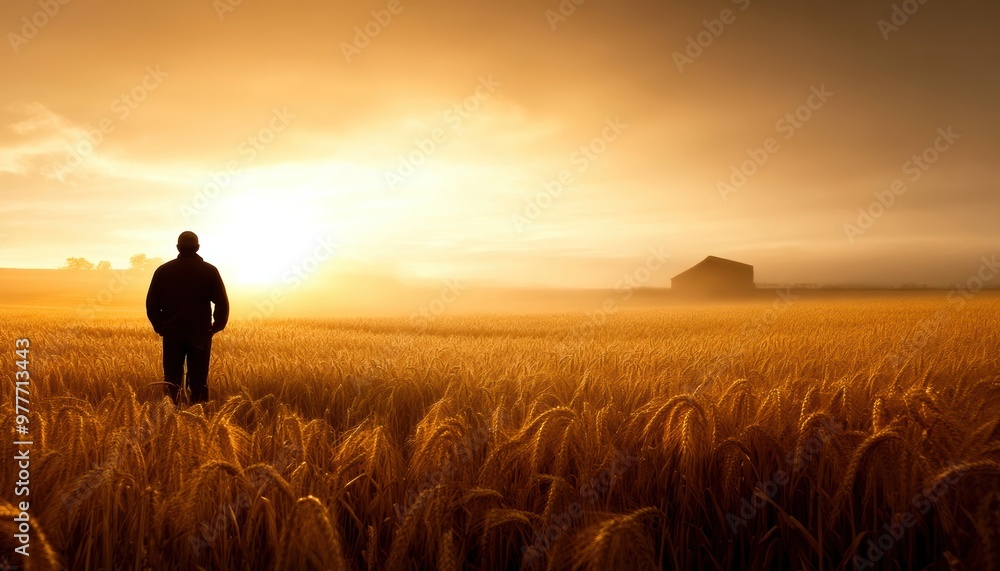 A solitary figure standing in a golden wheat field at sunset, showcasing the tranquility of rural life and the beauty of nature. A solitary figure standing in a golden wheat field at sunset, showcasing the tranquility of rural life and the beauty of nature.