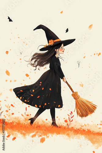 Adorable young witch illustration holding a broom, dressed in a classic pointed hat and witch outfit, perfect for Halloween-themed designs with a cute and magical twist. Ideal for festive artwork photo