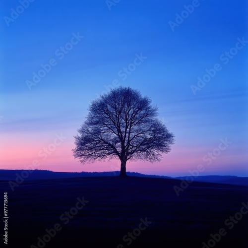 A solitary tree silhouetted against a colorful twilight sky, showcasing the beauty of nature's tranquility and serene landscapes.