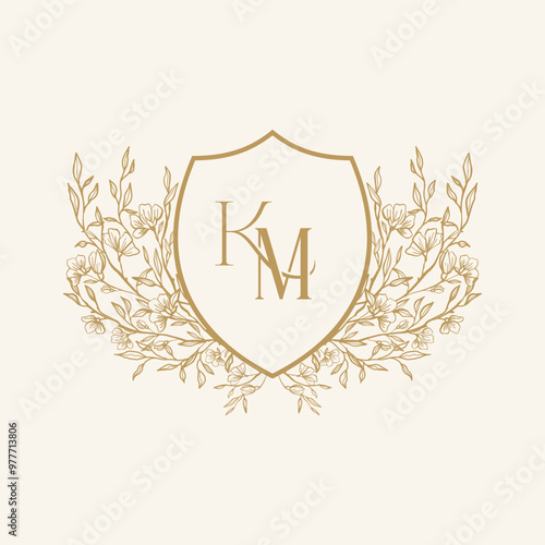 Elegant classical wedding floral crest with KM initial letter. Can be used in invitations card, business logo, personal logo. vector illustration