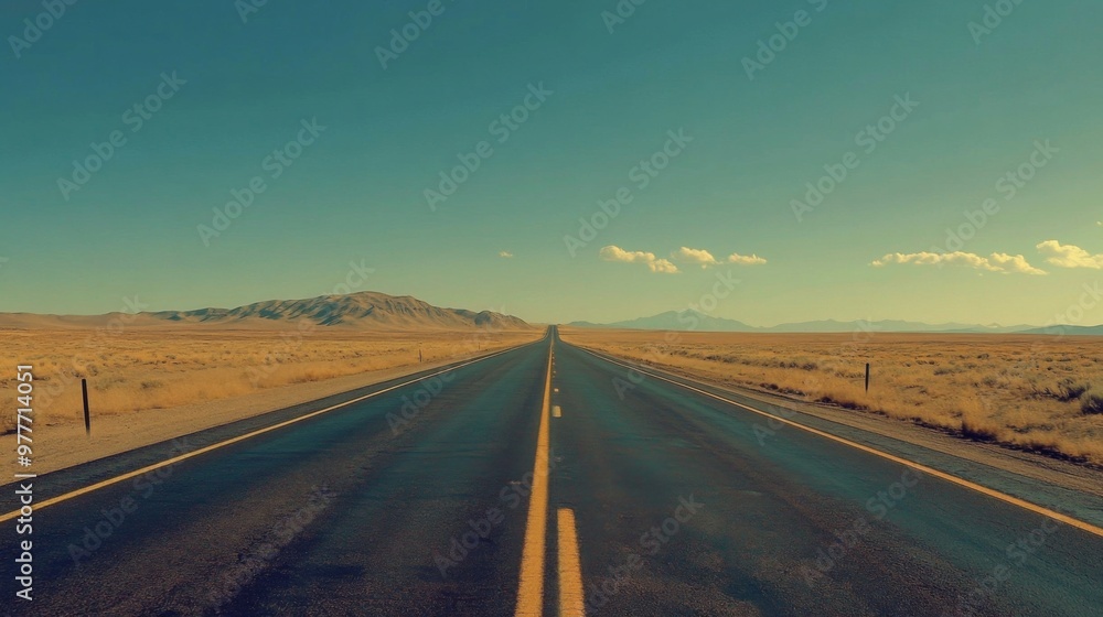 Fototapeta premium A highway stretching into the horizon with a vanishing point, surrounded by open fields or desert, emphasizing the sense of distance and travel.