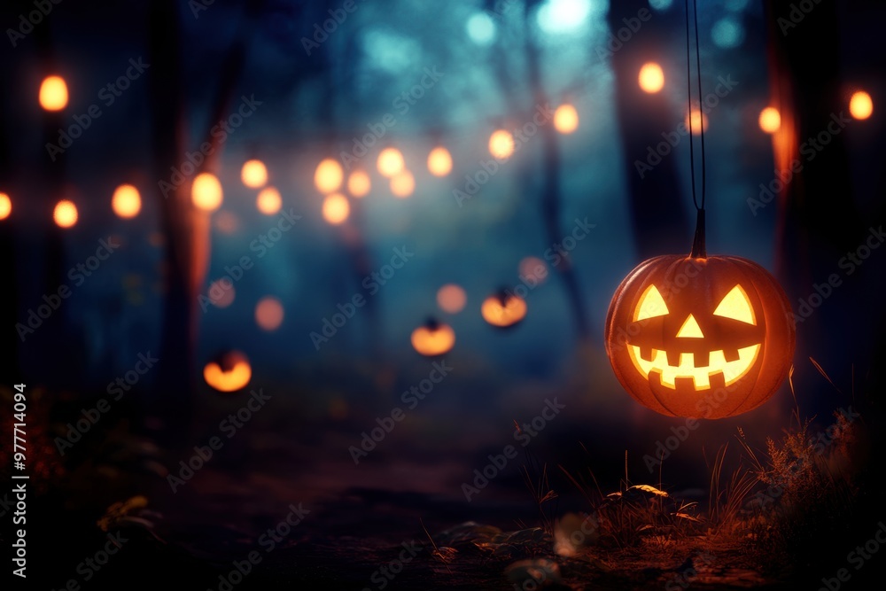 A spooky forest scene illuminated by glowing jack-o'-lanterns and string lights, creating a magical Halloween atmosphere. A spooky forest scene illuminated by glowing jack-o'-lanterns and string lights, creating a magical Halloween atmosphere.