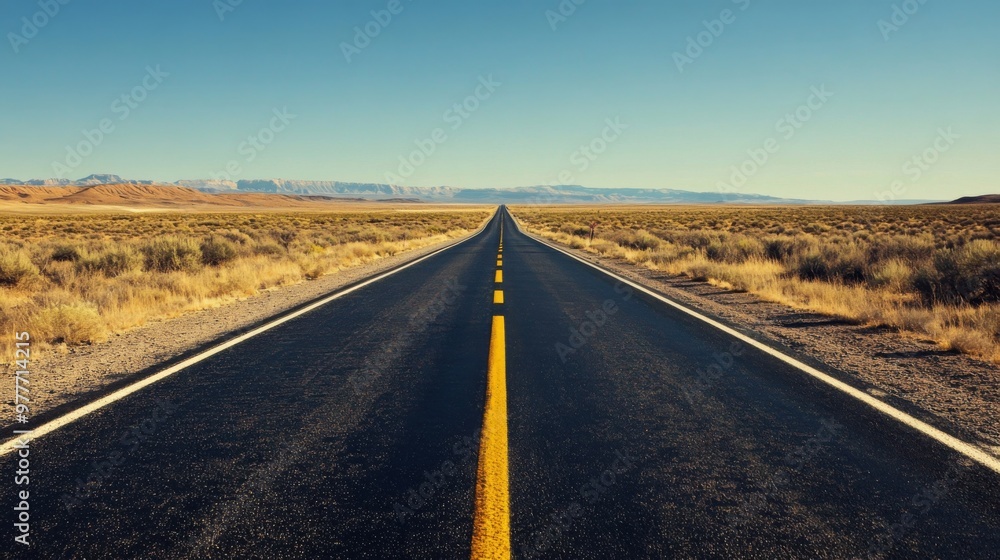 A highway stretching into the horizon with a vanishing point, surrounded by open fields or desert, emphasizing the sense of distance and travel. A highway stretching into the horizon with a vanishing point, surrounded by open fields or desert, emphasizing the sense of distance and travel.