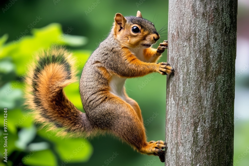 Squirrel climbing a telephone pole, with its tail flicking as it ascends higher and higher Squirrel climbing a telephone pole, with its tail flicking as it ascends higher and higher