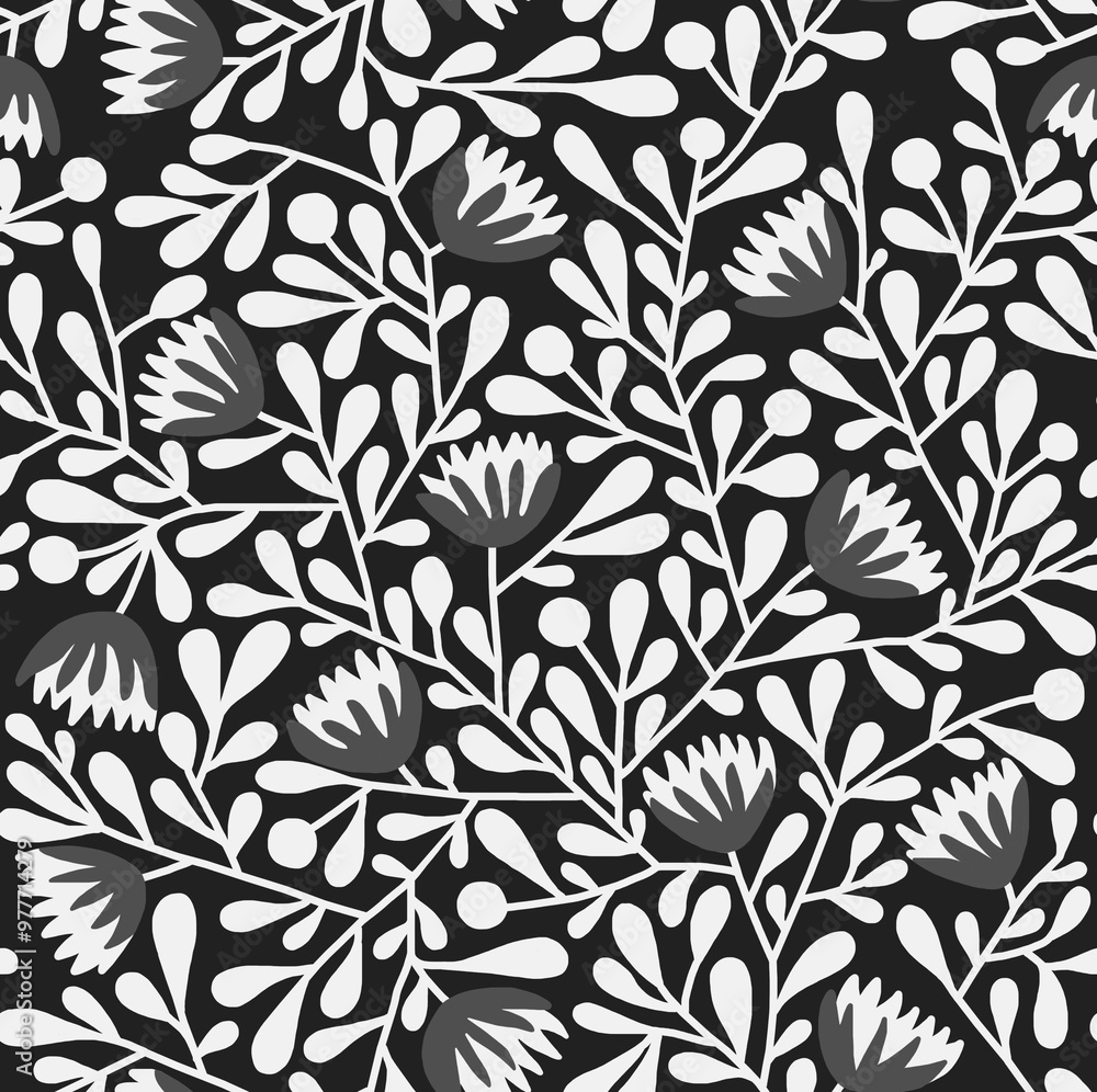 Black and white abstract floral hand-drawn drawing.Seamless pattern. Black and white abstract floral hand-drawn drawing.Seamless pattern.