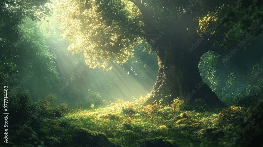 Majestic Ancient Tree Bathed in Sunbeams in a Lush Forest Majestic Ancient Tree Bathed in Sunbeams in a Lush Forest