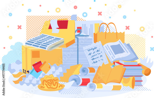 Old unwanted paper piled up in big pile. Heap of yellowed paper pages. Cellulose waste pollution problem. Simple cartoon vector concept isolated on white background