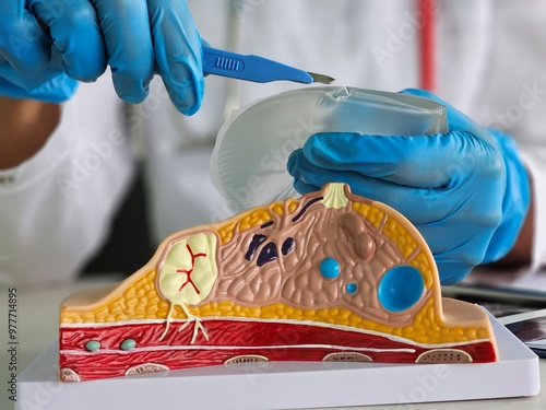 Fotografie Doctor and rupture of breast silicone implant using anatomical model