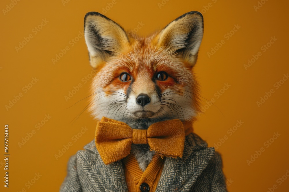 Naklejka premium Fake fox wearing a suit and a bow tie, animal background