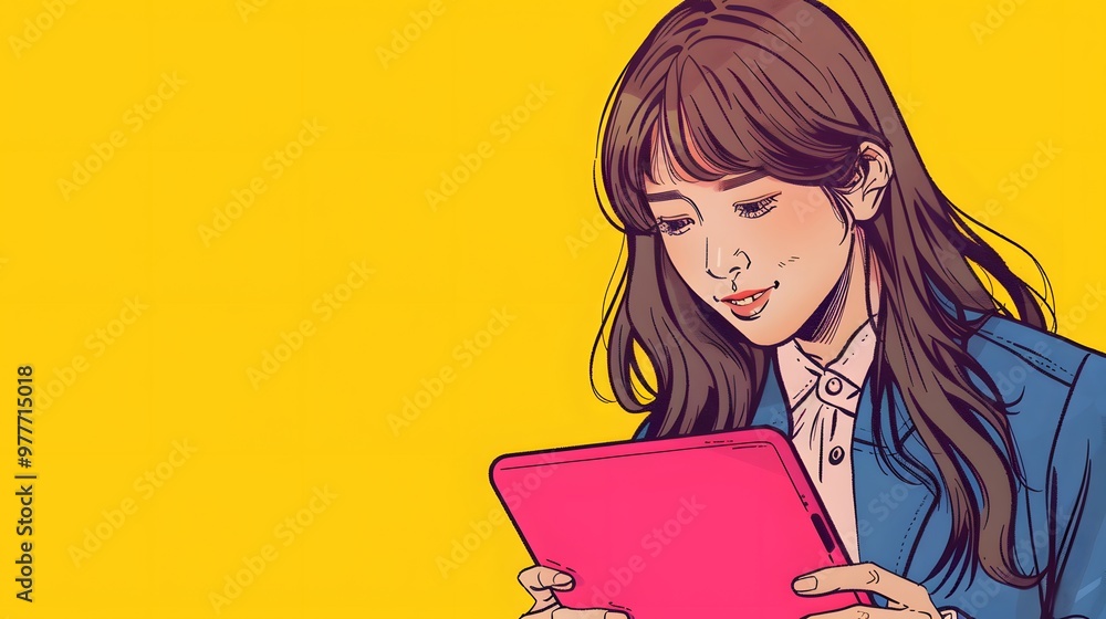 Illustration girl with obscured face holding a pink phone, with a yellow background.