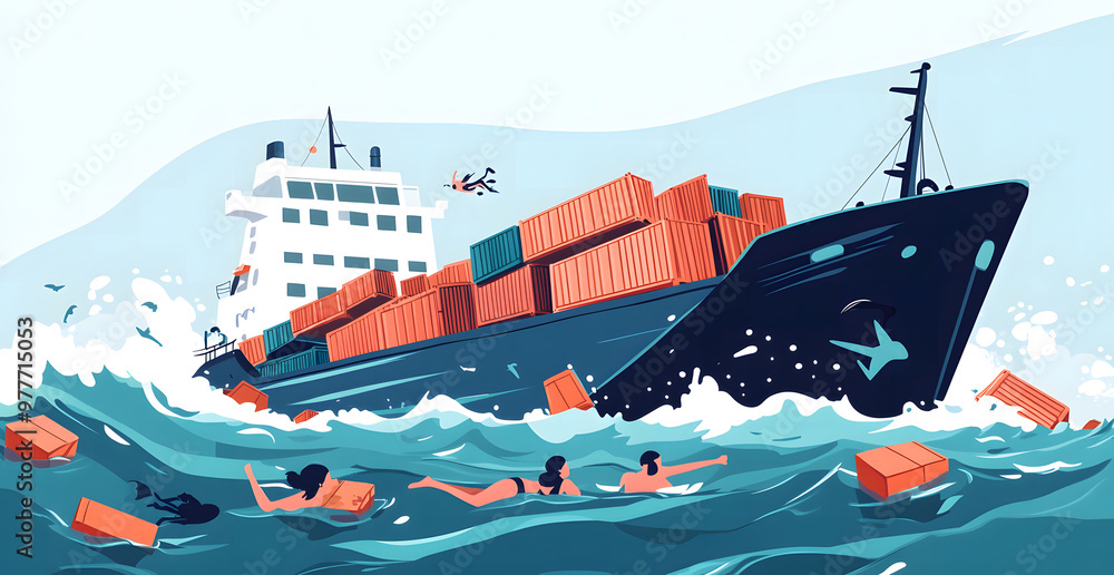 Capsized Cargo Ship in Rough Seas with Floating Containers and Rescue ...