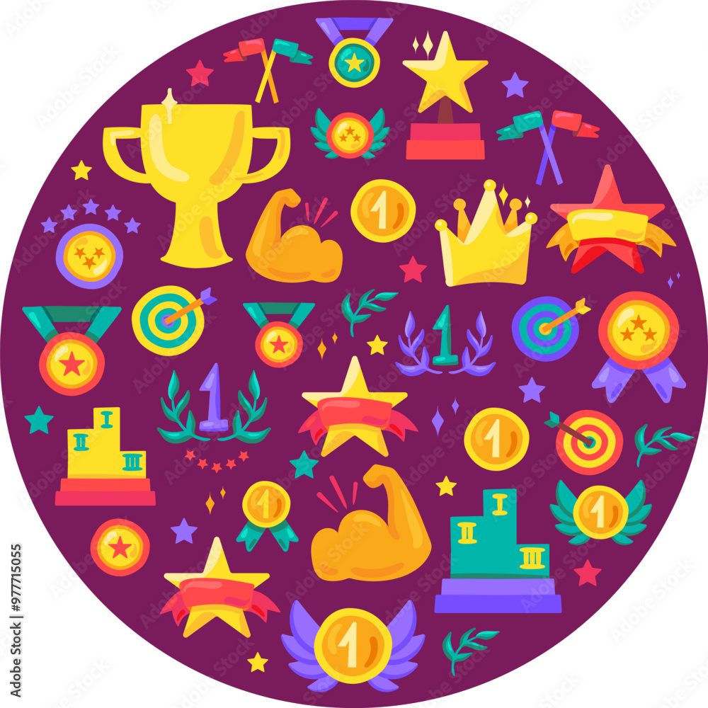 Vector round banner with sport elements, such as an award ribbon with a golden medal, a cup, stars, and flags. Excellence in sports, athletic achievement symbols in a cartoon, doodle style. Vibrant in Vector round banner with sport elements, such as an award ribbon with a golden medal, a cup, stars, and flags. Excellence in sports, athletic achievement symbols in a cartoon, doodle style. Vibrant in