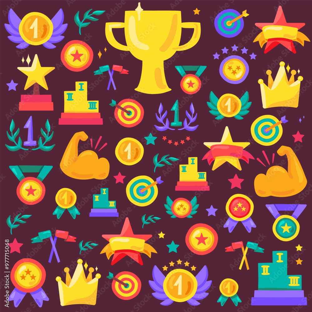 Vector square banner with sport elements, such as an award ribbon with a golden medal, a cup, stars, and flags. Excellence in sports, athletic achievement symbols in a cartoon, doodle style. Vibrant i Vector square banner with sport elements, such as an award ribbon with a golden medal, a cup, stars, and flags. Excellence in sports, athletic achievement symbols in a cartoon, doodle style. Vibrant i