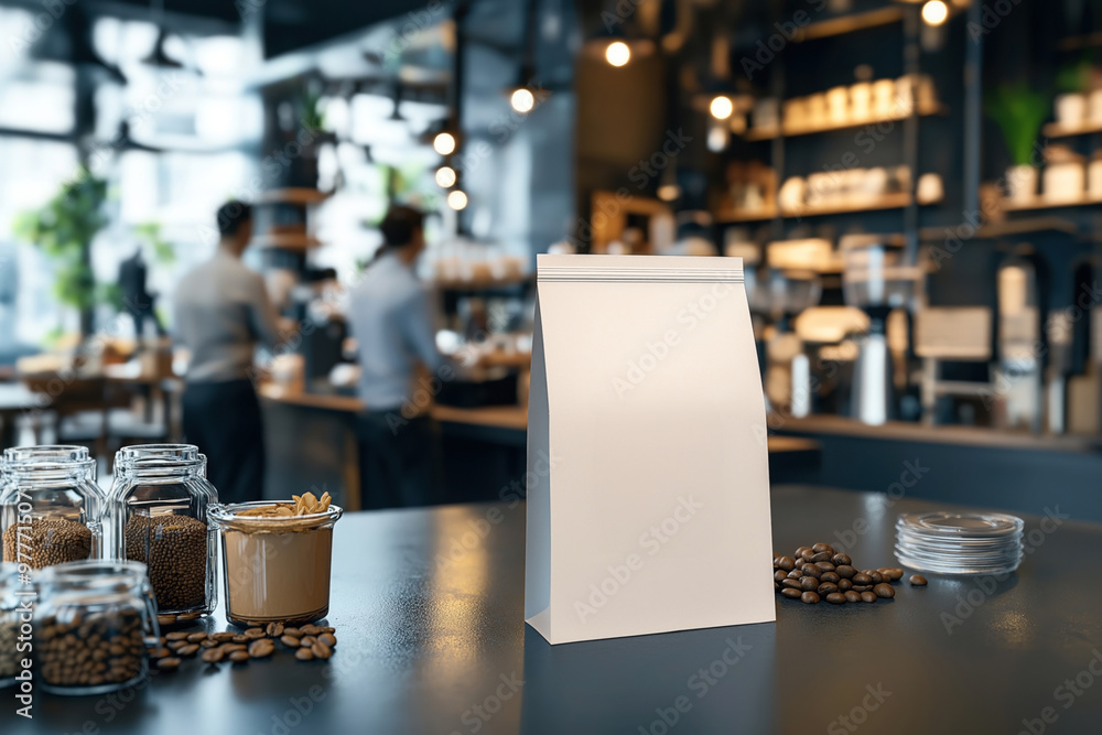 A paper coffee bag mockup is placed on a countertop in a modern cafe setting. The background features jars of coffee beans and blurred baristas serving customers.