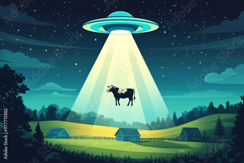 Ufo is abducting a cow from a farm using a tractor beam at night photo