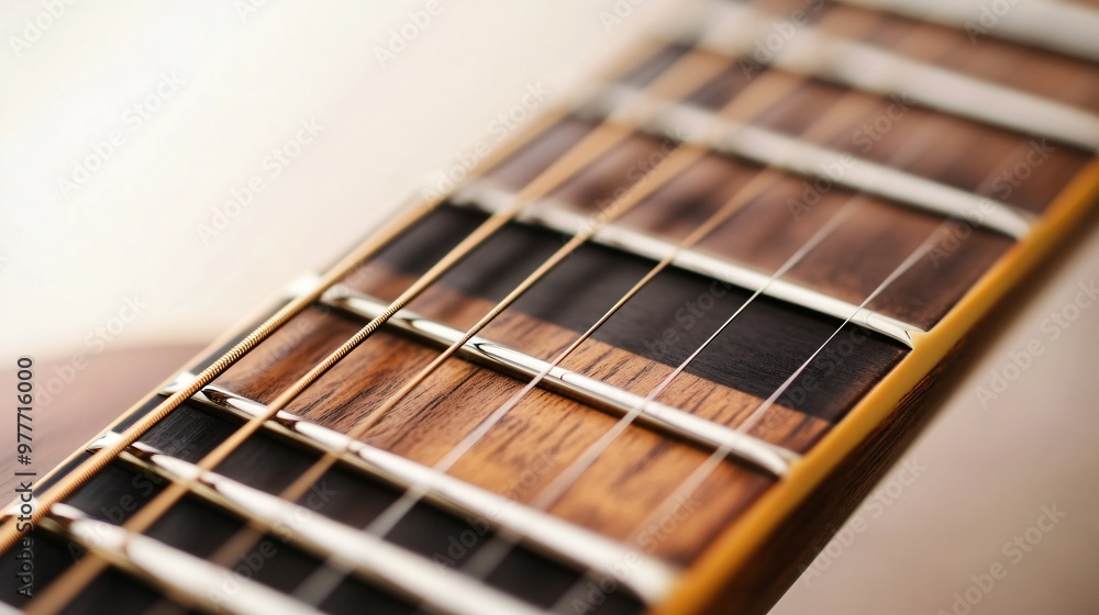 A detailed view of the strings and fretboard of an electric guitar, showcasing the craftsmanship against a pale backdrop A detailed view of the strings and fretboard of an electric guitar, showcasing the craftsmanship against a pale backdrop