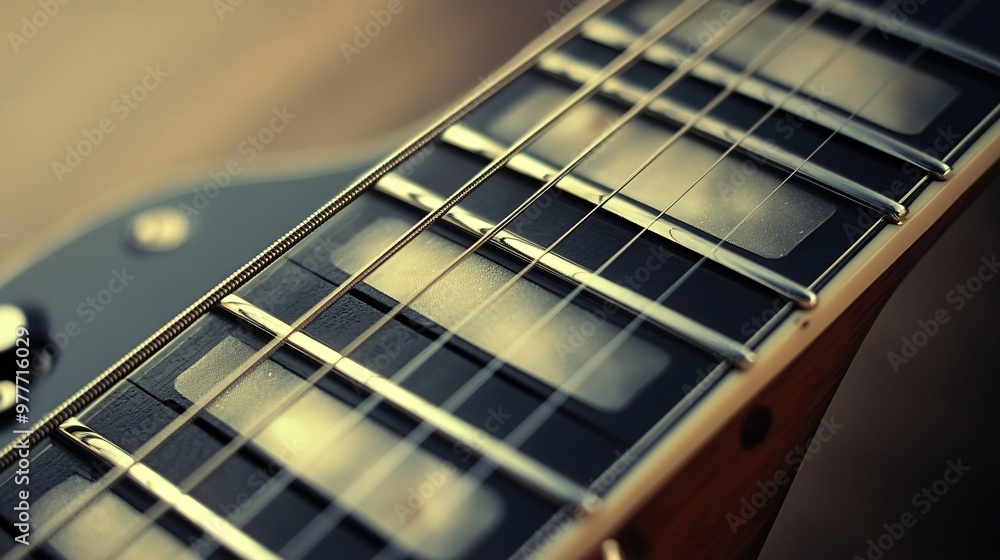 A detailed view of the strings and fretboard of an electric guitar, showcasing the craftsmanship against a pale backdrop A detailed view of the strings and fretboard of an electric guitar, showcasing the craftsmanship against a pale backdrop