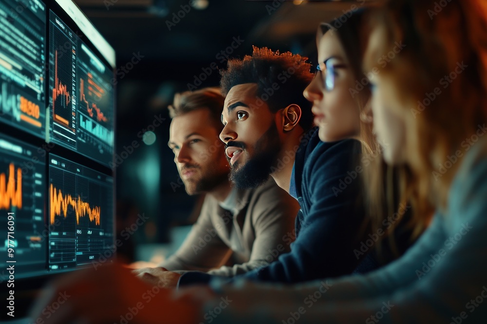 Fototapeta premium Diverse Group of People Analyzing Data on Multiple Screens