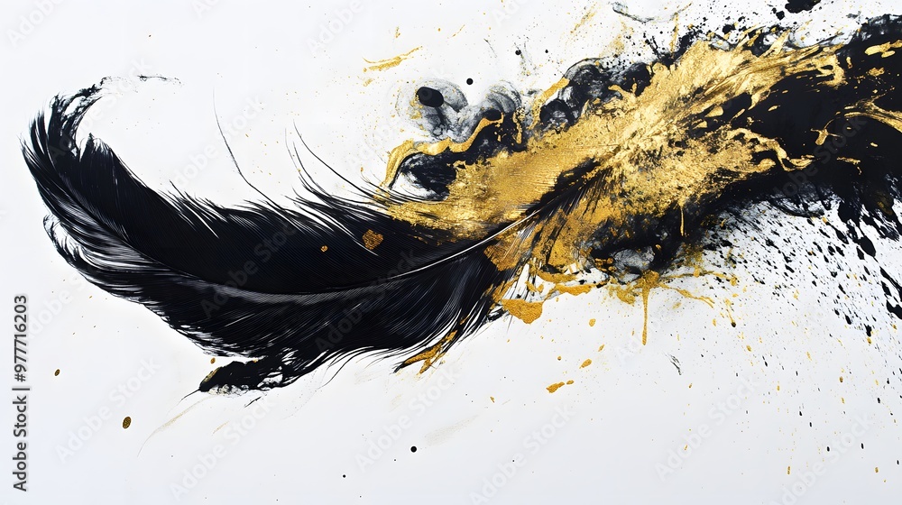 Feather Ink Dip: A feather suspended in mid-air, dipped in gold and black ink, with the ink dripping and mixing in the air.
Feather Ink Dip: A feather suspended in mid-air, dipped in gold and black ink, with the ink dripping and mixing in the air.